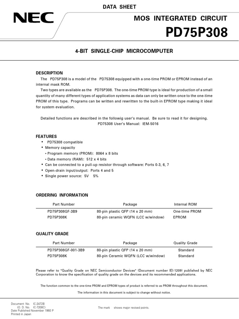 4-Bit Single-Chip Microcomputer Data Sheet | PDF | Read Only Memory ...