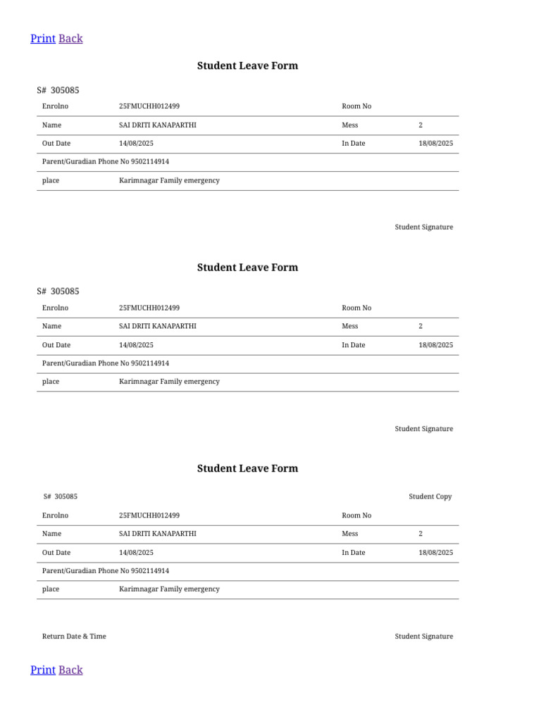 Print: Student Leave Form | PDF