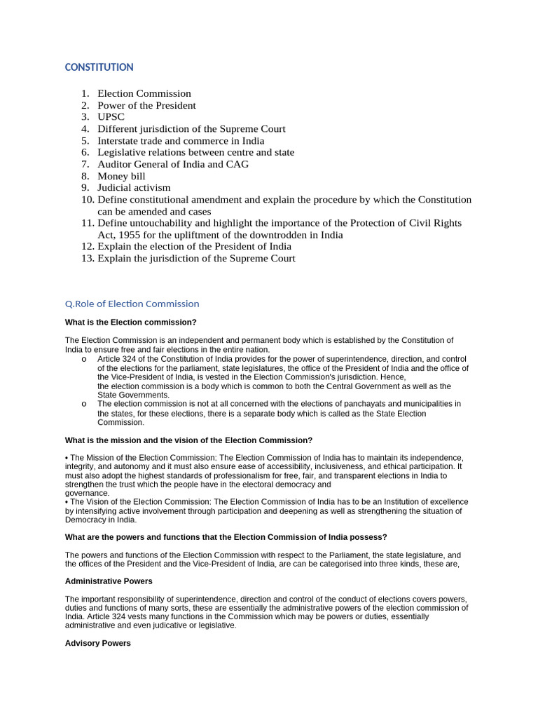 Powers and Functions of India's Election Commission | PDF | Bill (Law ...