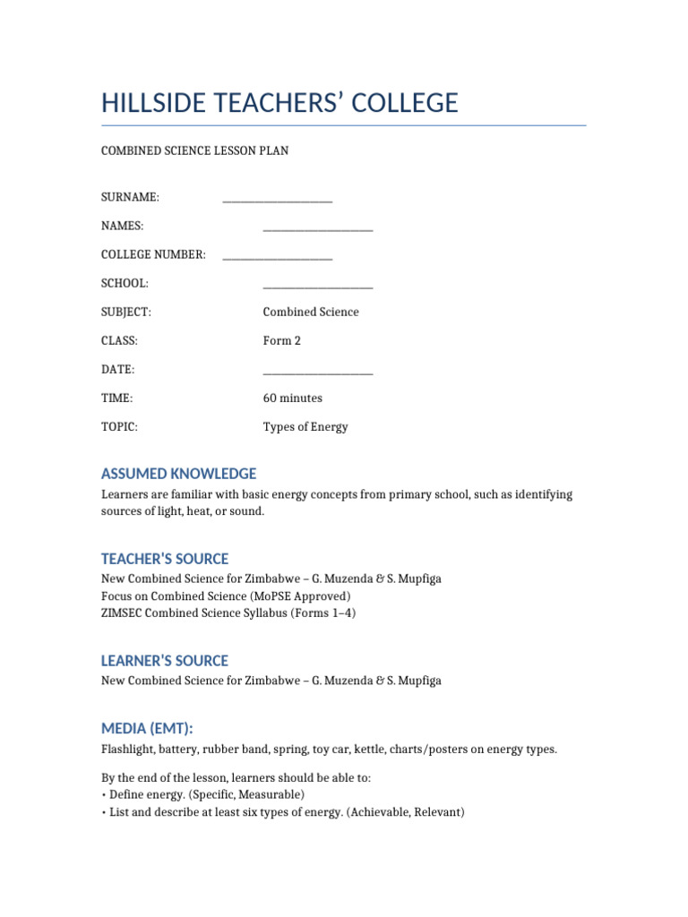 Form 2 Lesson Plan Types of Energy | PDF | Lesson Plan | Science