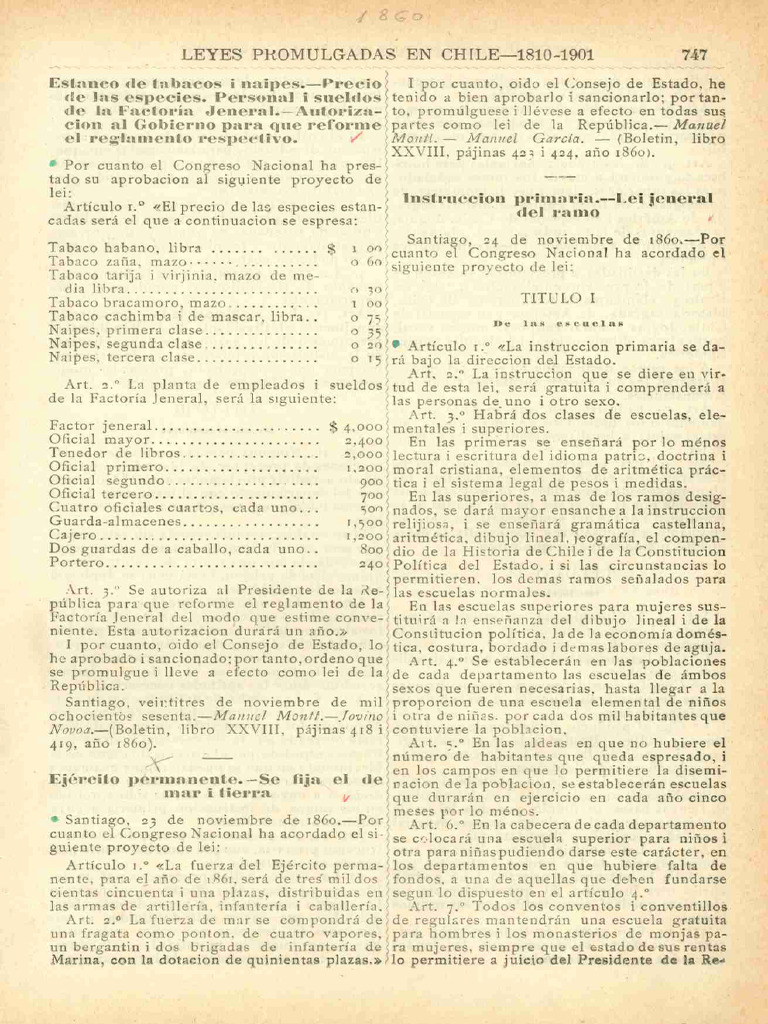 Ley de Instrucción Primaria 1860 en Chile | PDF