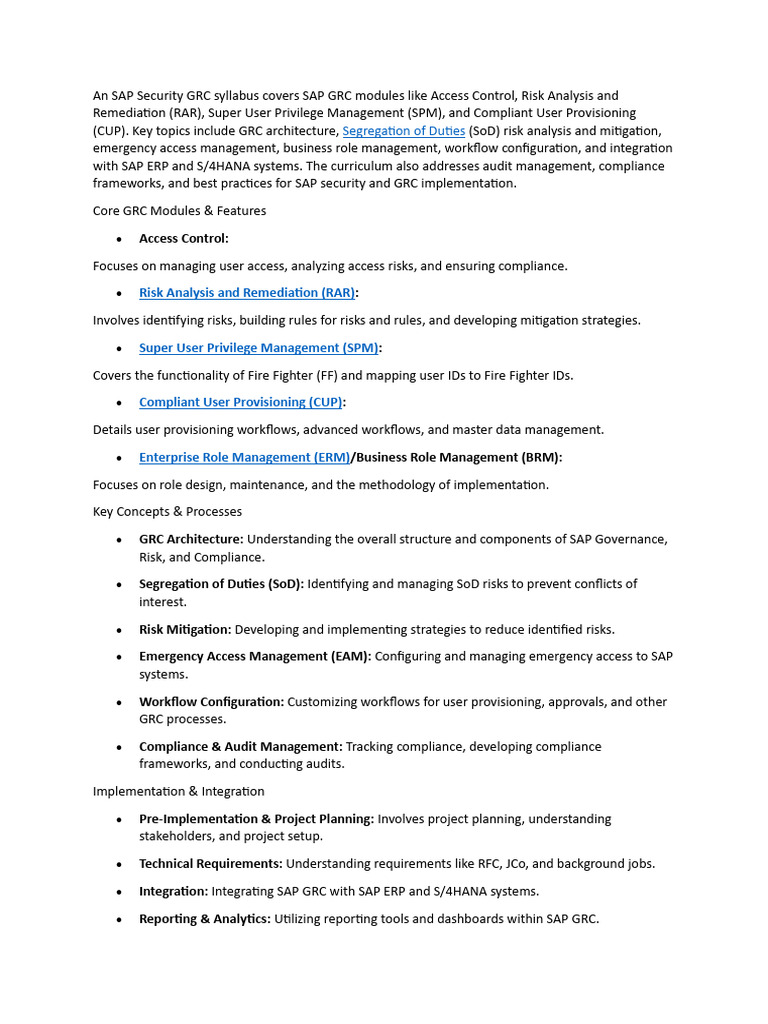 SAP GRC Security Curriculum Overview | PDF