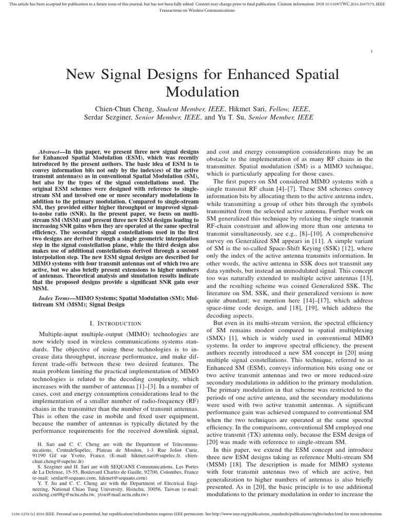 New Signal Designs For Enhanced Spatial Modulation-Cheng2016 | PDF ...