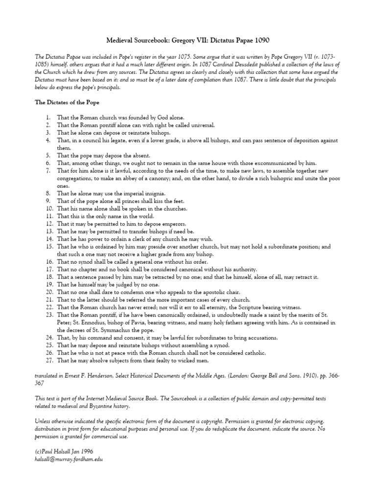 Dictatus Papae: Pope Gregory VII's Decrees | PDF | Pope | Catholic Church
