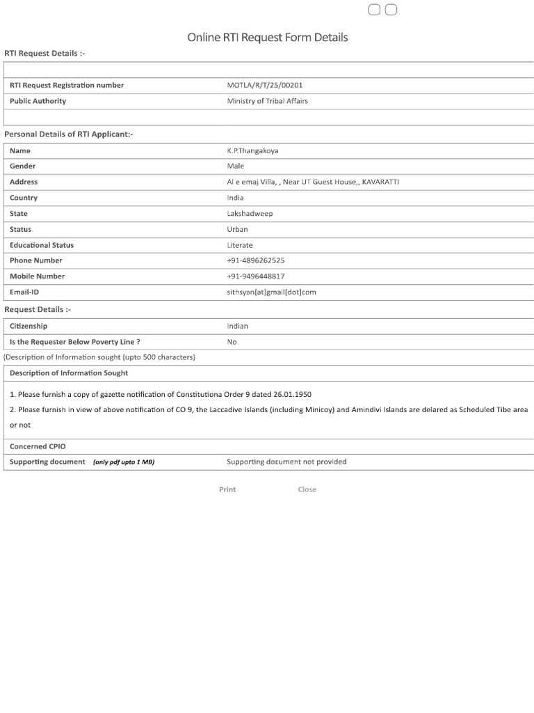RTI Application and Reply Ministry of Tribal Affairs On CO 9 | PDF