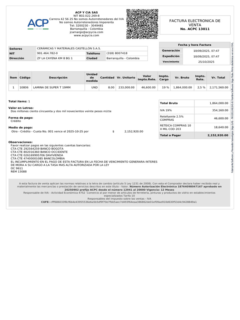Factura Electrónica de Venta ACPC 13011 | PDF | Economias