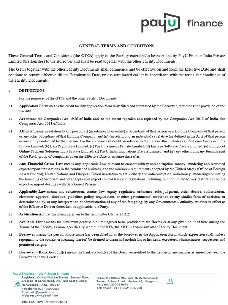 PayU Finance India General Terms & Conditions | PDF | Interest | Cheque