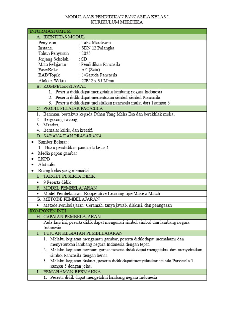 Modul Ajar Pancasila Kelas I SD | PDF