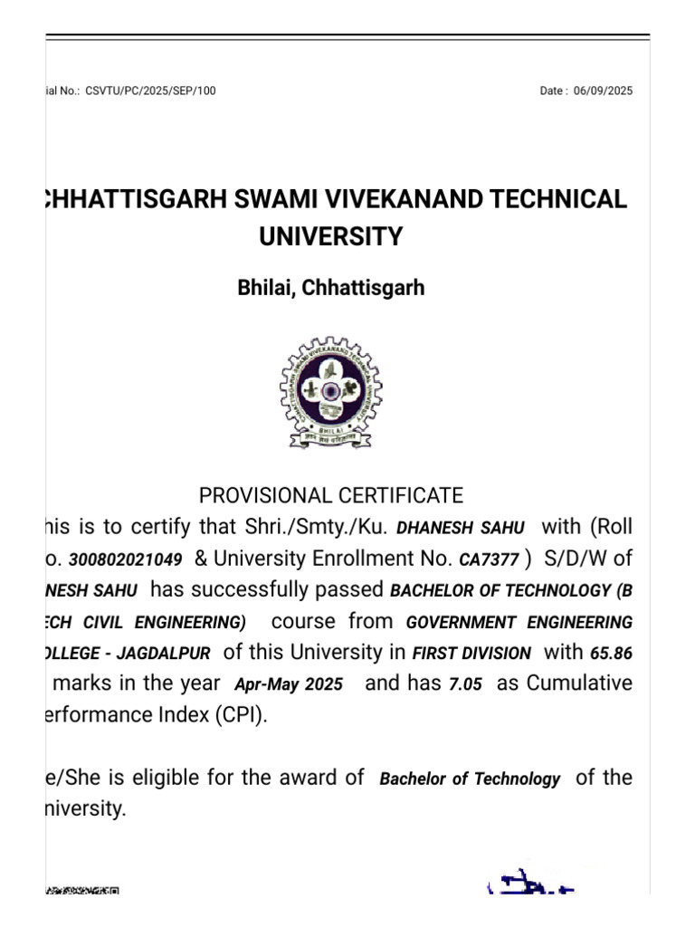 Provisional Certificate for B.Tech Civil Engineering | PDF