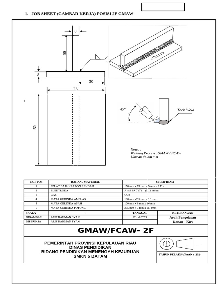 Job Sheet Pengelasan GMAW/FCAW 2024 | PDF