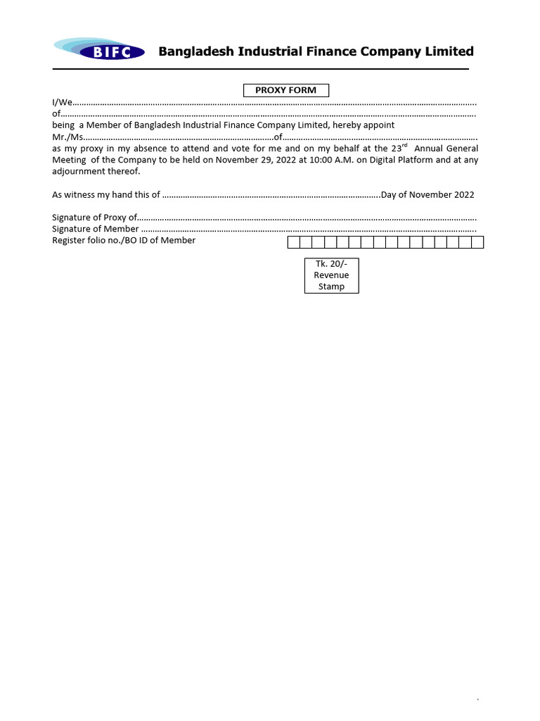 Proxy Form for Bangladesh Finance AGM | PDF