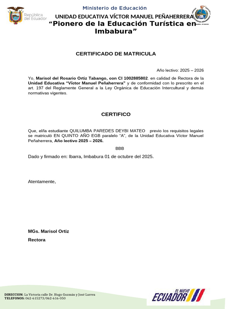 Certificado de Matrícula 2025-2026 EGB | PDF