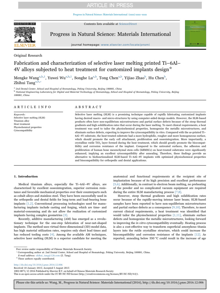 Fabrication and Characterization of Selective Laser Melting Printed Ti ...