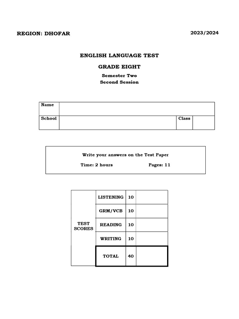 Grade 8 English Test 2023/2024 | PDF | Tea