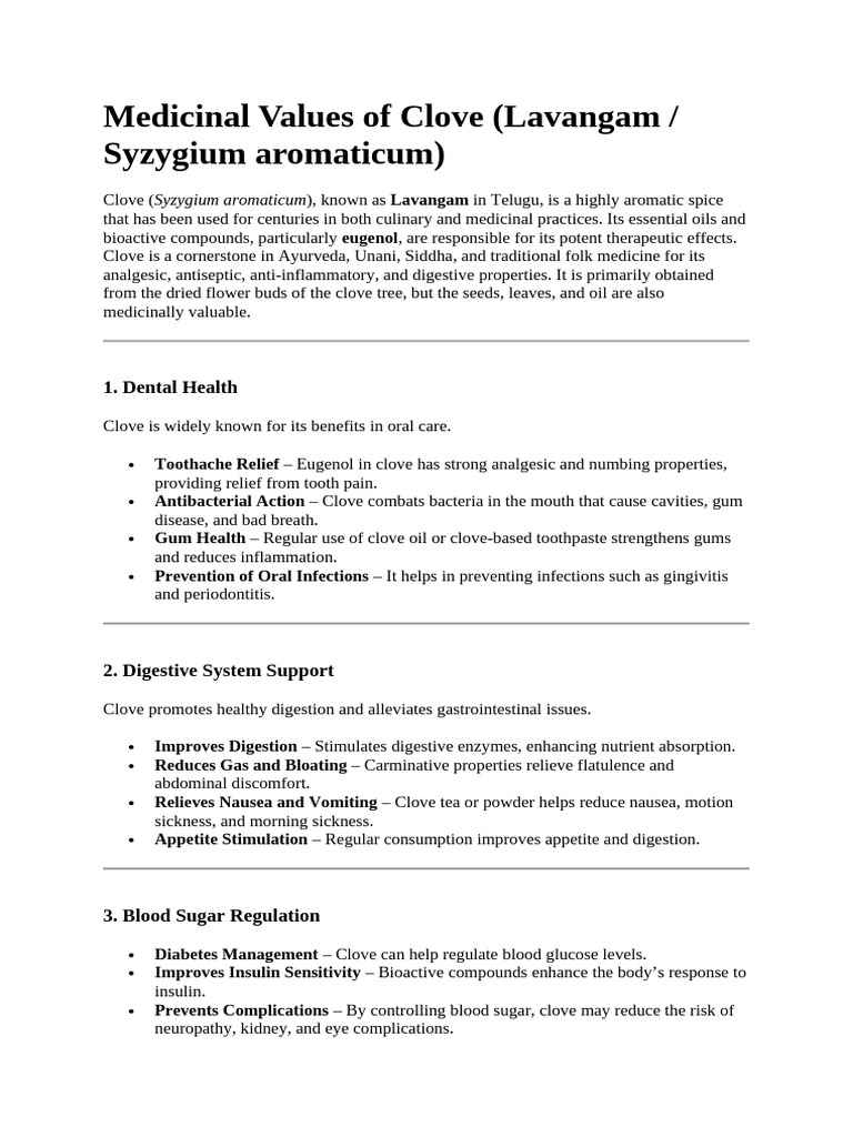Health Benefits of Lavangam (Clove) | PDF | Clove | Oral Hygiene