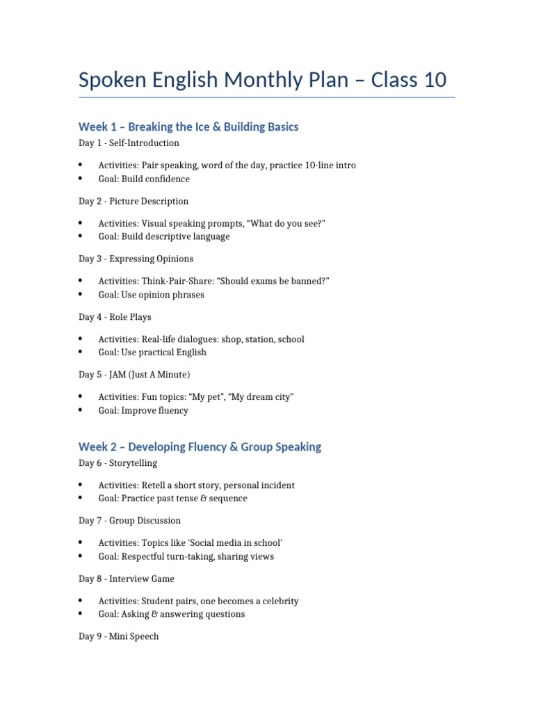 Class 10 Spoken English Monthly Plan | PDF | English Language | Fluency