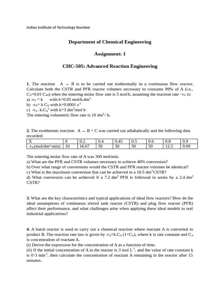 Advanced Reaction Engineering Assignment | PDF | Chemical Reactor ...
