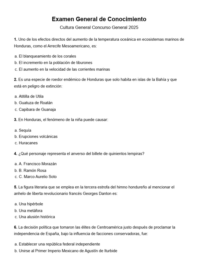 Ex Amen General Deco No Cimiento 2025 | PDF | Honduras | Evaluación