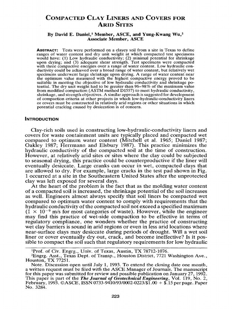 1993 Daniel and Wu Compacted Clay Liners and Covers For Arid Sites ...