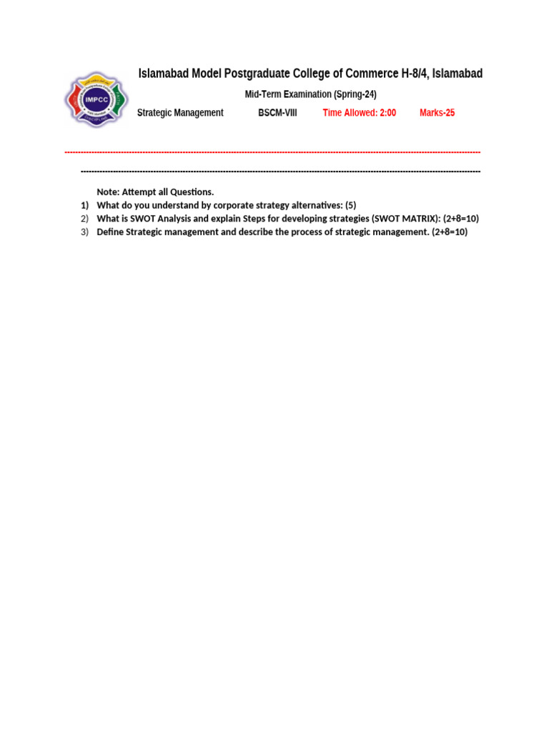 Paper SM Mid Spring 2024 Strategic Management | PDF