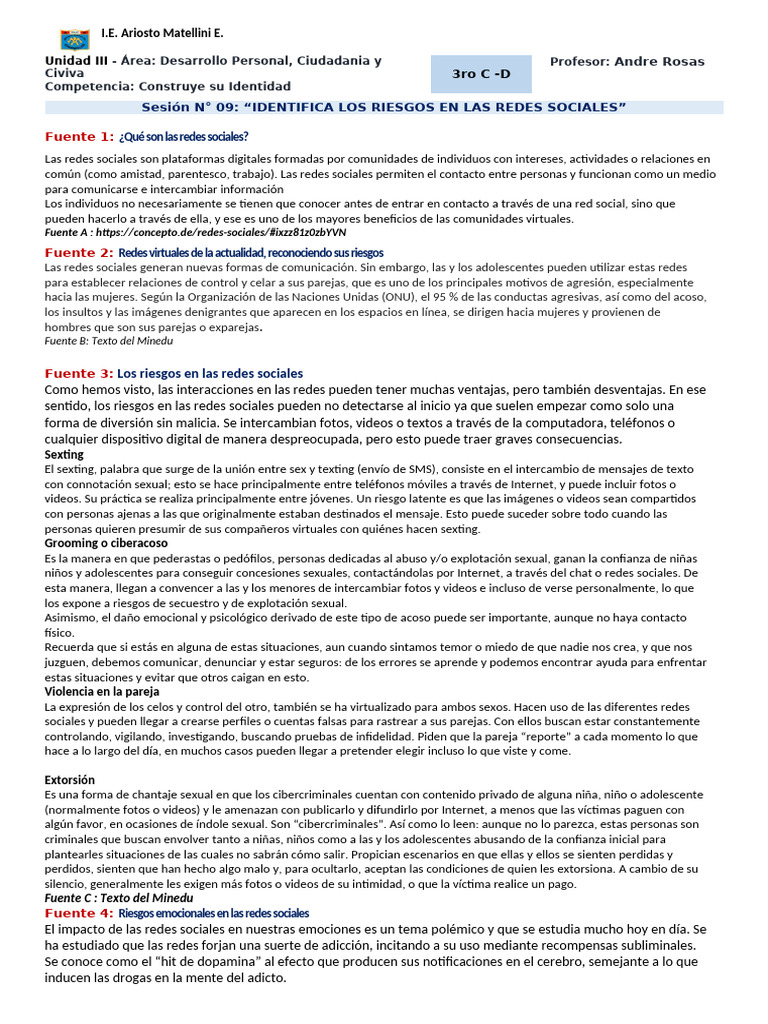 09 FichaIDENTIFICA LOS RIESGOS EN LAS REDES SOCIALES" | PDF ...