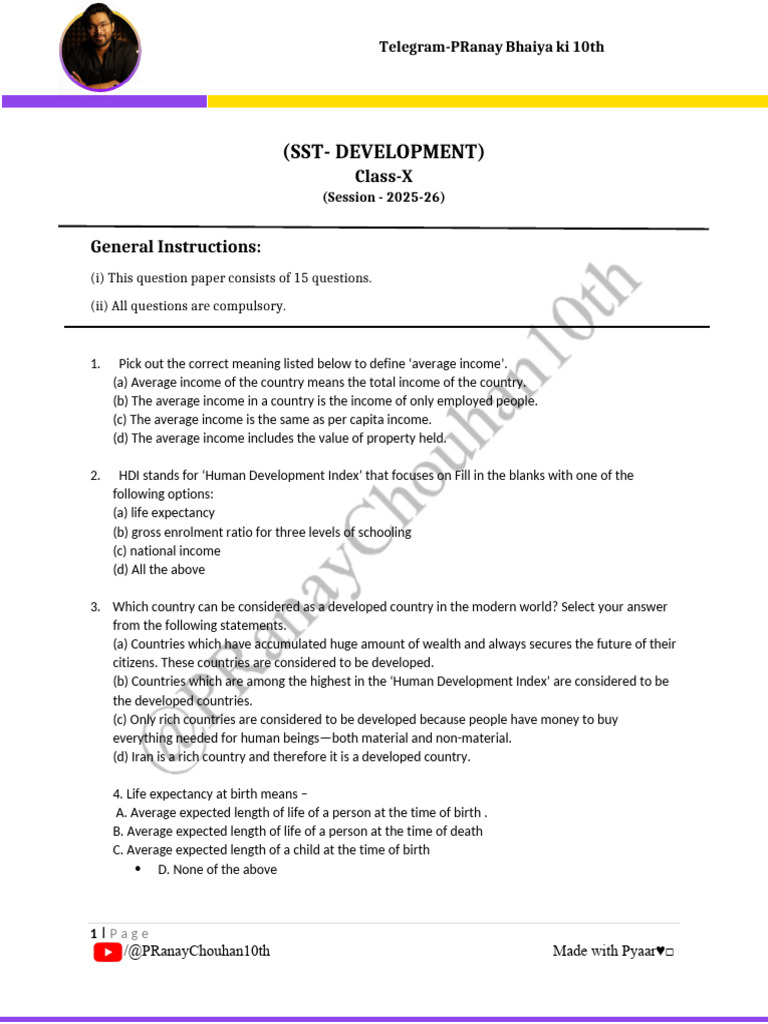 Class 10 SST Development Exam Guide | PDF | Cost Of Living | Human ...