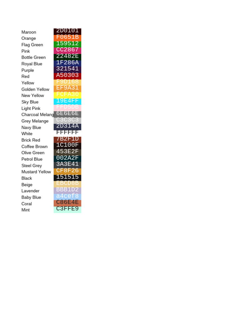 Color Codes and Names List | PDF