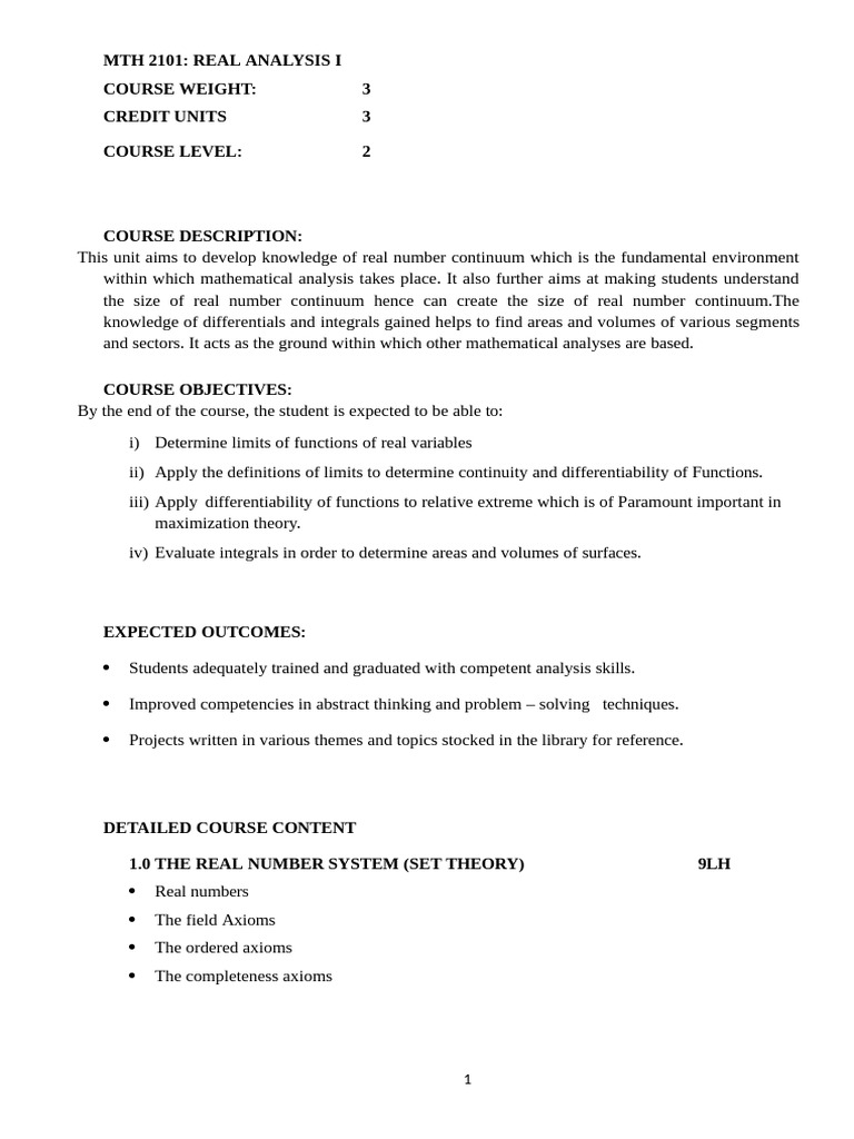 Real Analysis I Course Overview | PDF | Limit (Mathematics) | Real Analysis