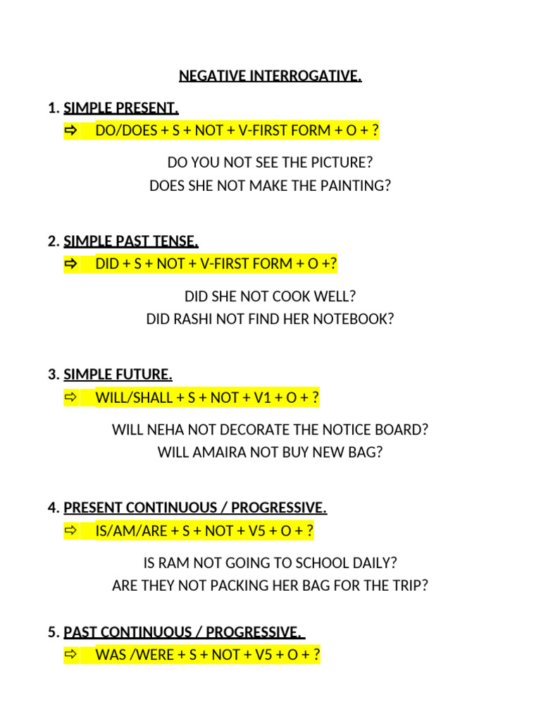 Negative Interrogative Sentence Structures | PDF