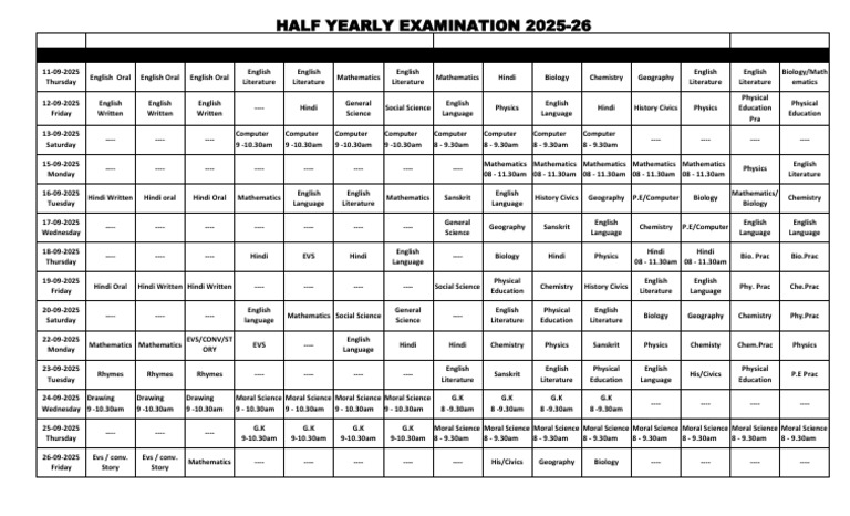 2025-26 Half Yearly Exam Schedule | PDF | Liberal Arts Education | Science