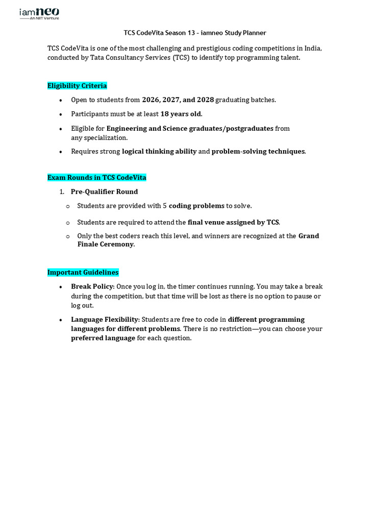 Iamneo - TCS CodeVita Season 13 Study Planner | PDF | Discrete ...