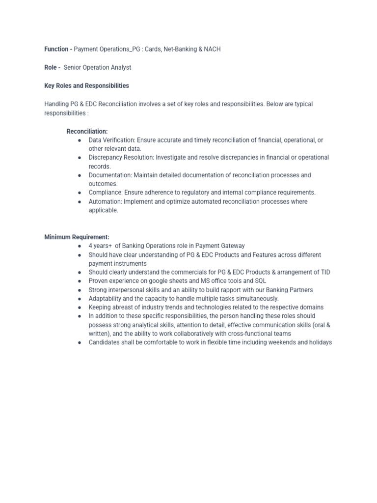 JD - Senior Operations Analyst, Payment Operations | PDF