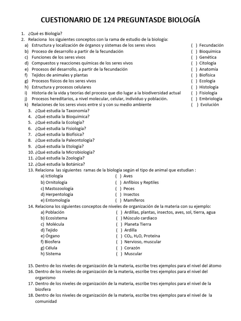 Cuestionario de 124 Preguntas de Biología | PDF | Biología | Virus