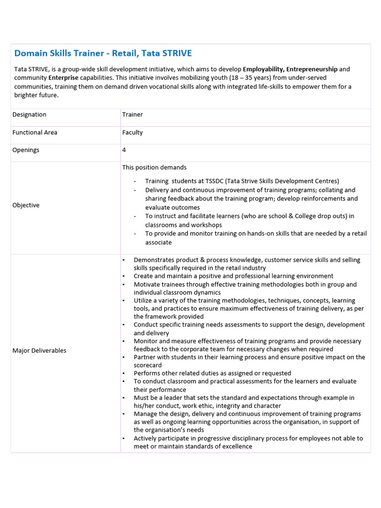 Retail Domain Skills Trainer Role | PDF | Learning | Skill