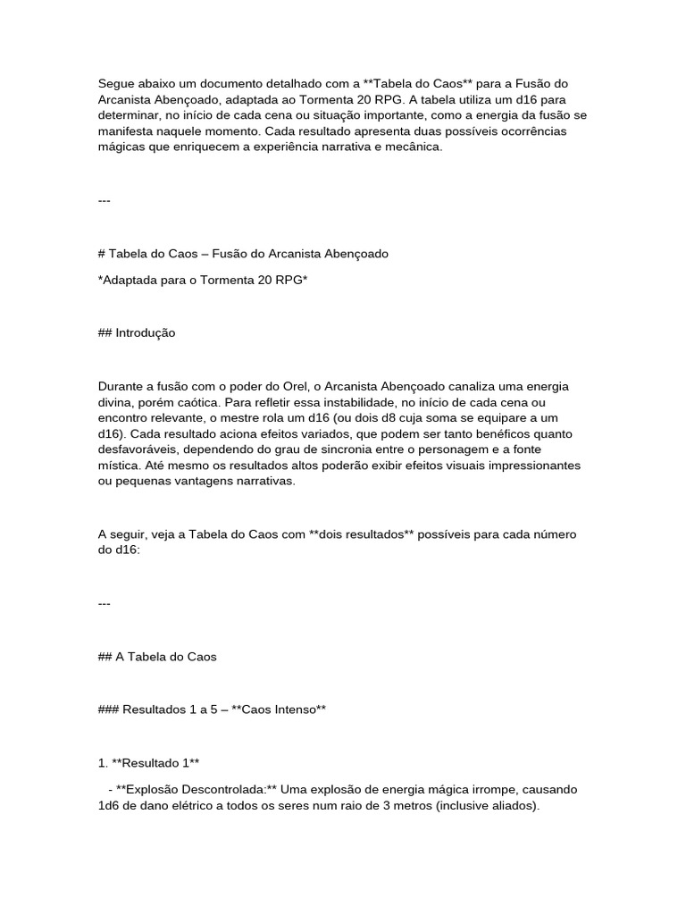 Tabela do Caos para Arcanista Abençoado | PDF | Teoria do Caos | Jogos ...