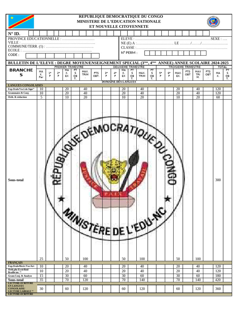 Bulletin scolaire primaire RDC 2025 | PDF | la communication