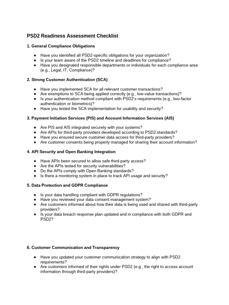 3 PSD2 Readiness Assessment Checklist | PDF | Regulatory Compliance | Audit