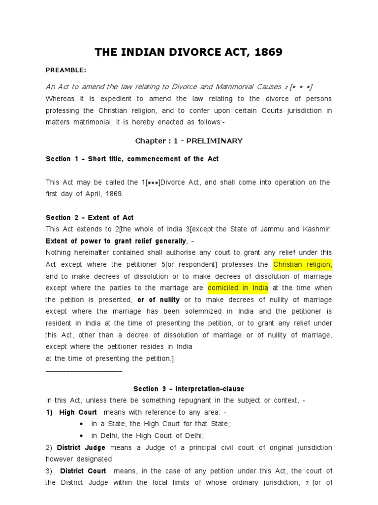 The Indian Divorce Act, 1869 An Act To Amend The Law Relating To