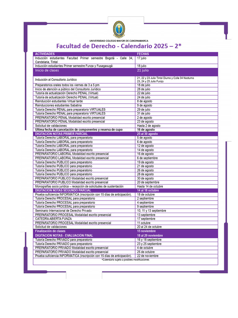 Calendario Académico Derecho 2025 | PDF | Justicia | Crimen y violencia