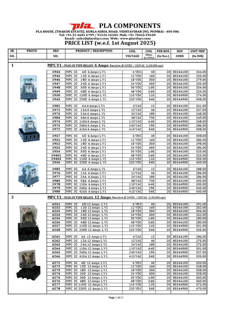 MPC Plug-In Type Relays Price List | PDF | Relay | Electric Current