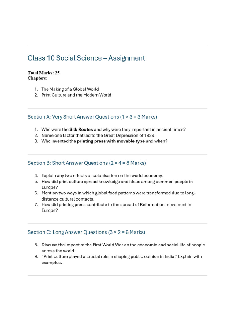 Assignment Class 10th SST | PDF