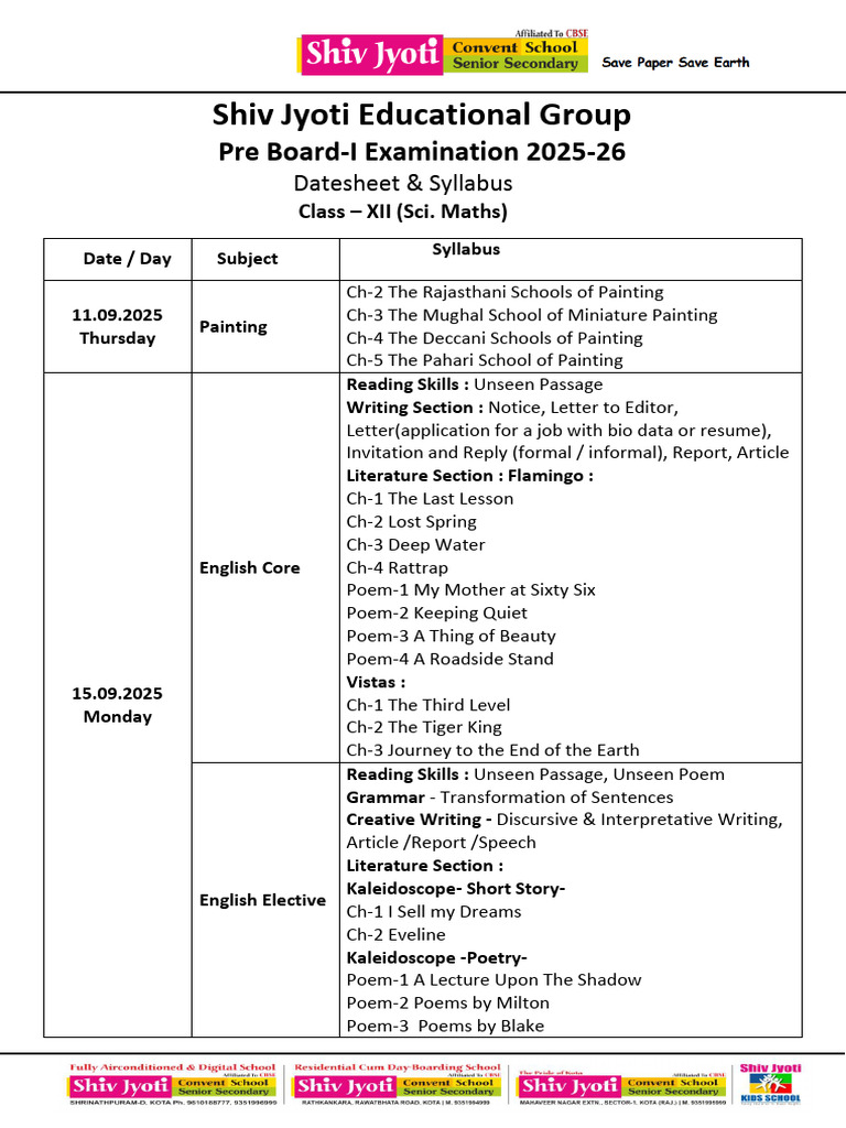 Class XII Pre Board-I Exam Datesheet 2025 | PDF