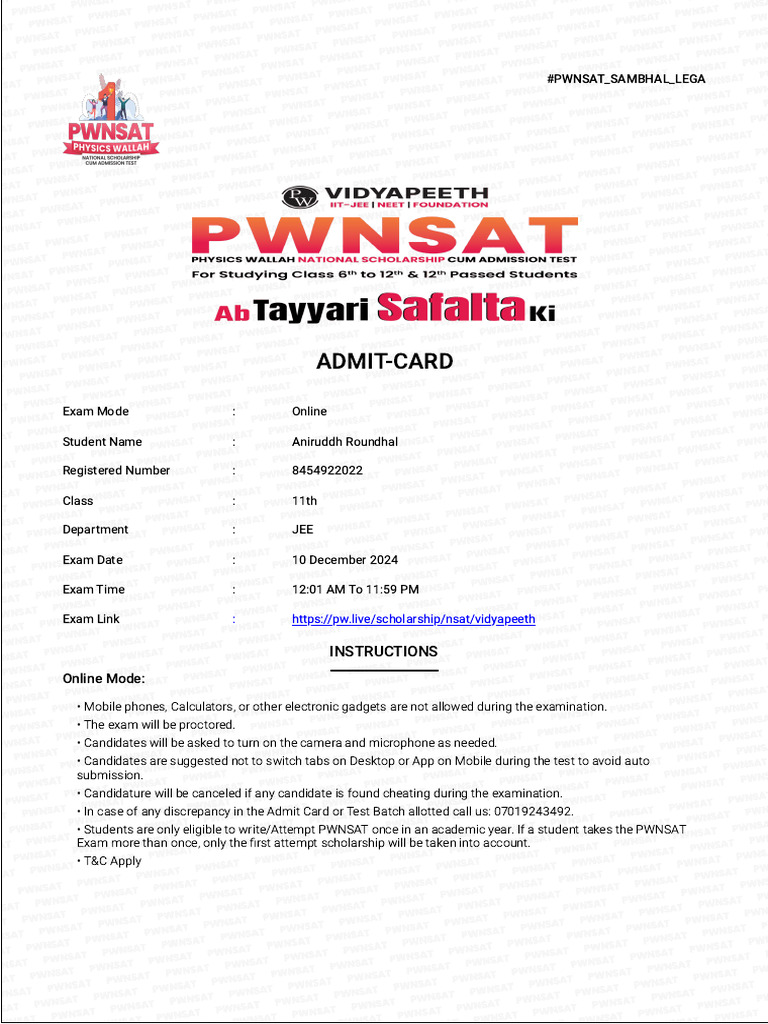 PWNSAT Admit Card for JEE Students | PDF