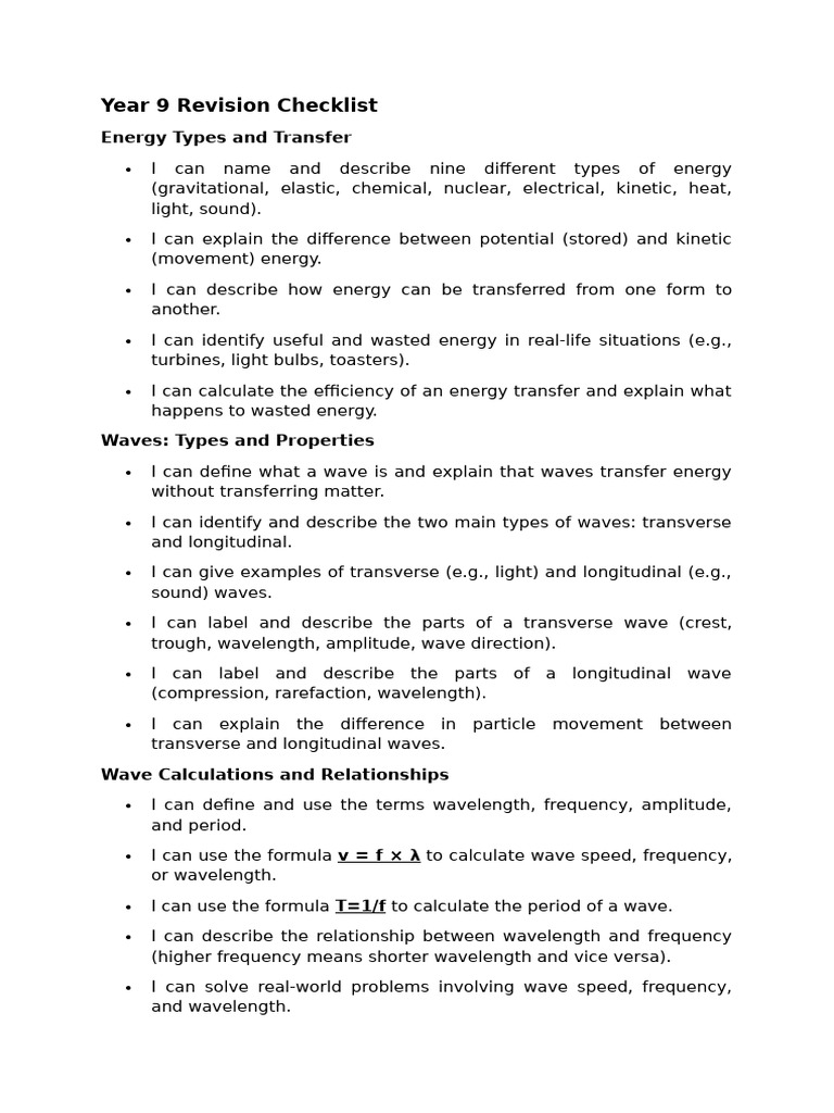 Year 9 Physics Revision Checklist 2025 | PDF | Waves | Wavelength