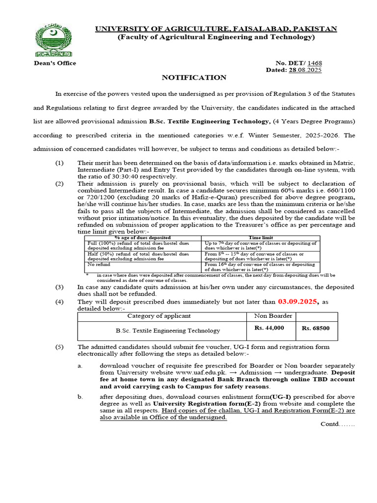 UAF B.Sc. Textile Engineering Admission Guide | PDF