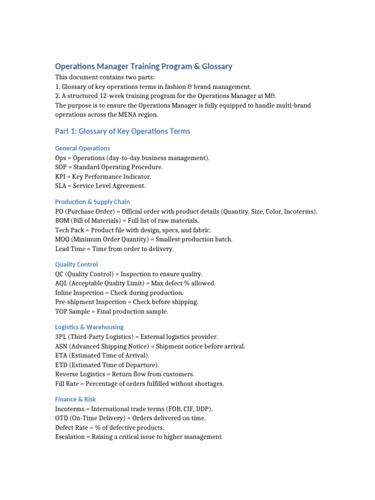 Operations Manager Training & Glossary | PDF | Logistics | Supply Chain ...
