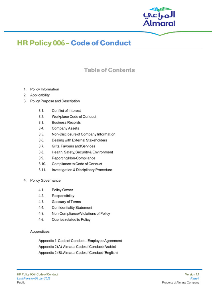 HR Policy 006: Code of Conduct Overview | PDF