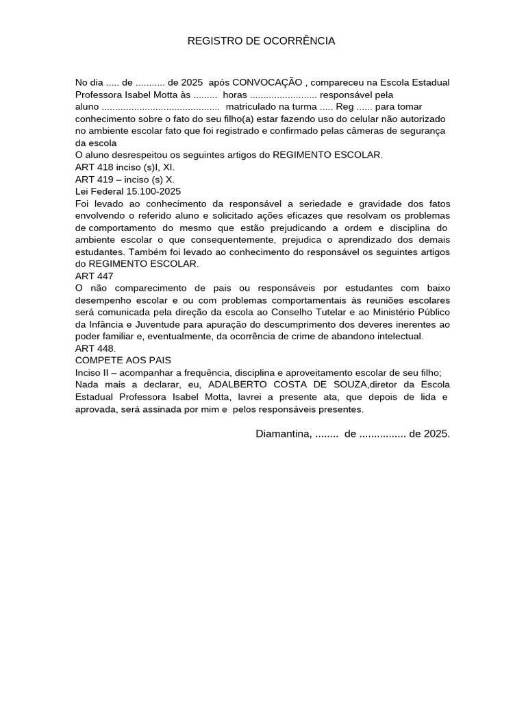 Registro de Ocorrência Escolar 2025 | PDF