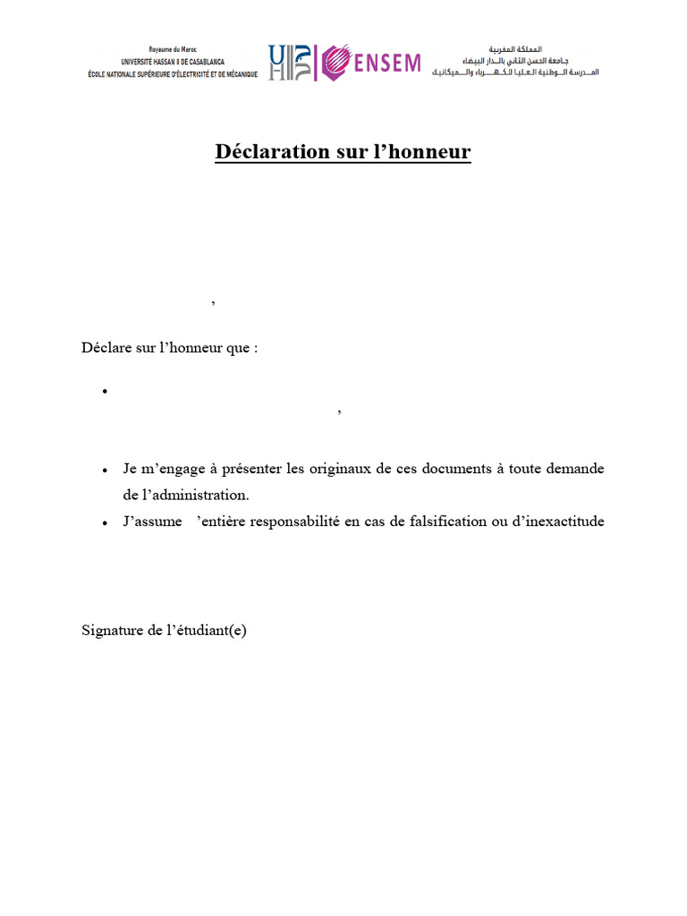 Déclaration sur l'honneur étudiant ENSEM | PDF