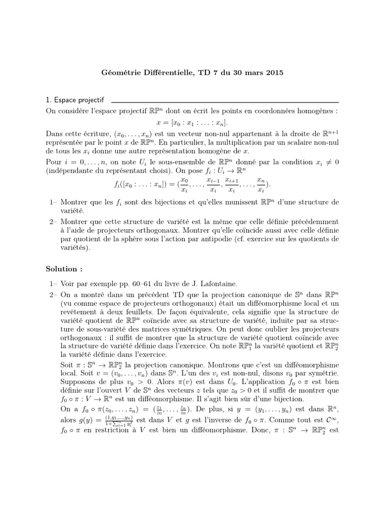 Géométrie Différentielle : TD 7 - RPn et Variétés | PDF | Variété ...